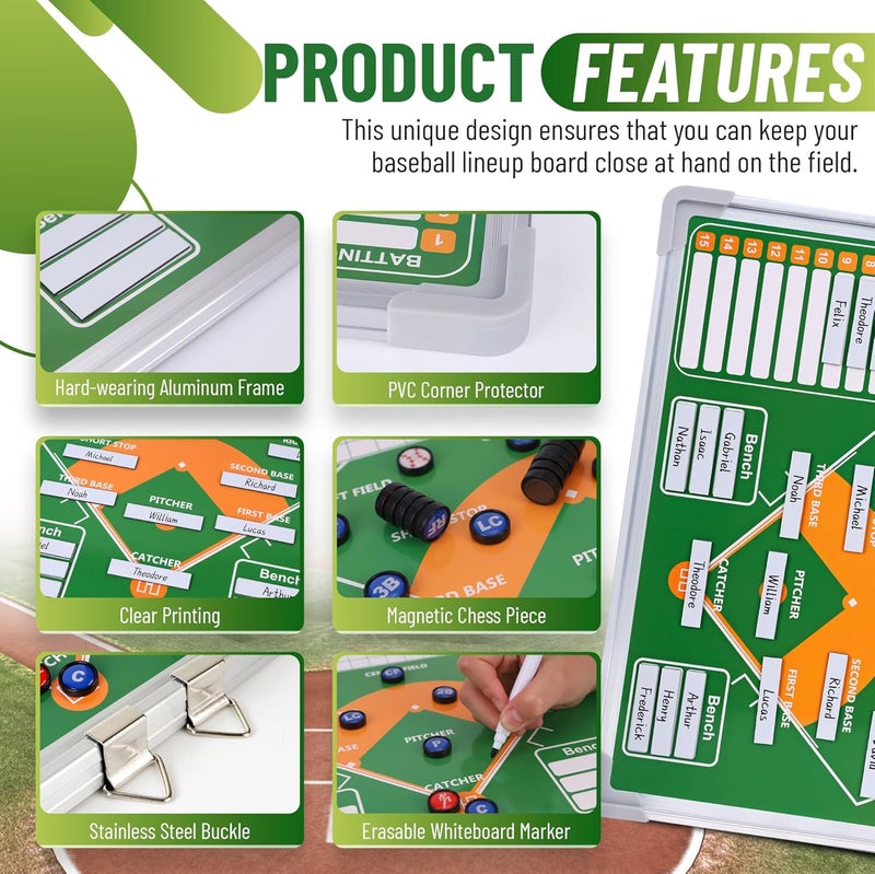 ZPU Magnetic Baseball Lineup Board for Dugout, Baseball/Softball Clipboard for Coaches, Baseball Coaching Board with Dry Erase, Marker pens, Lineup Cards, Magnets & Storage Bag - Image 3